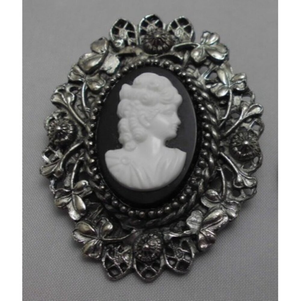 Vintage Styled Retro Silver Toned Black Cameo Plastic Brooch Pin